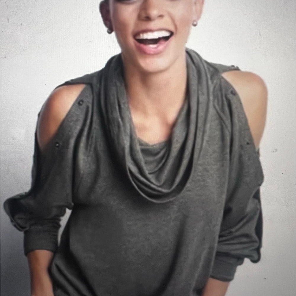 CAbi 3871 Charcoal Cowl neck Knit Top with snapup sleeves